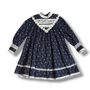 Gunne Sax Juenes Filles Dress Prairie Cottage Core Navy Floral Girls 6 Vintage